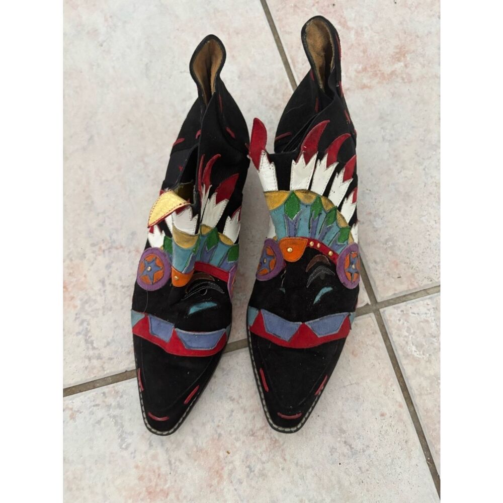 Vintage Zalo Cowboy Booties Horse Boots western heels feather hat design shoes
